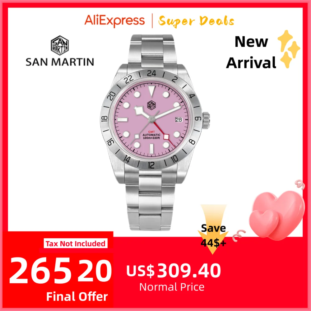 San Martin 39mm New Pink Dial NH34 Mechanical GMT Watches For Men Wristwatch Business Classic 10Bar Relogio Masculino SN0054C-2