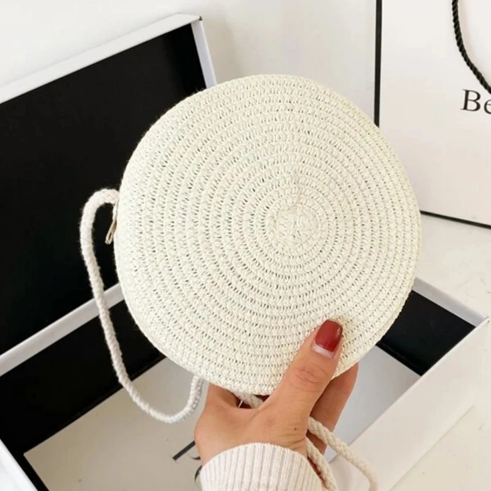 Bolsa de palha minimalista estilo férias – bolsa de ombro crossbody redonda feminina