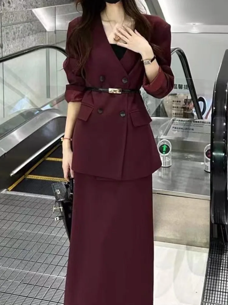 女性のブレザーとスカートのセット,2ピース,ミドル丈のスカート,カジュアル,エレガント,韓国のファッション,エレガント