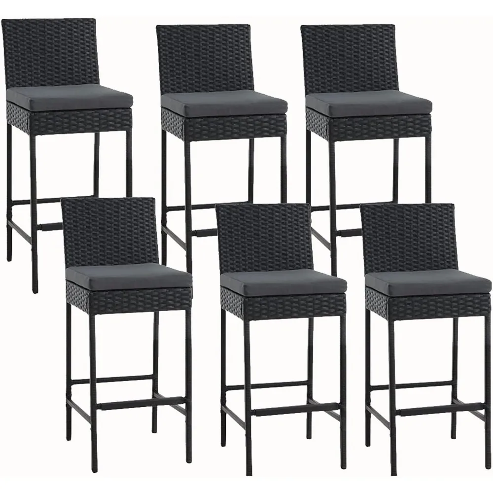 Rattan Bar Stools Set of 6, Patio Wicker Barstools with Cushions, Patio Bar Chairs Armless for Backyard, Poolside