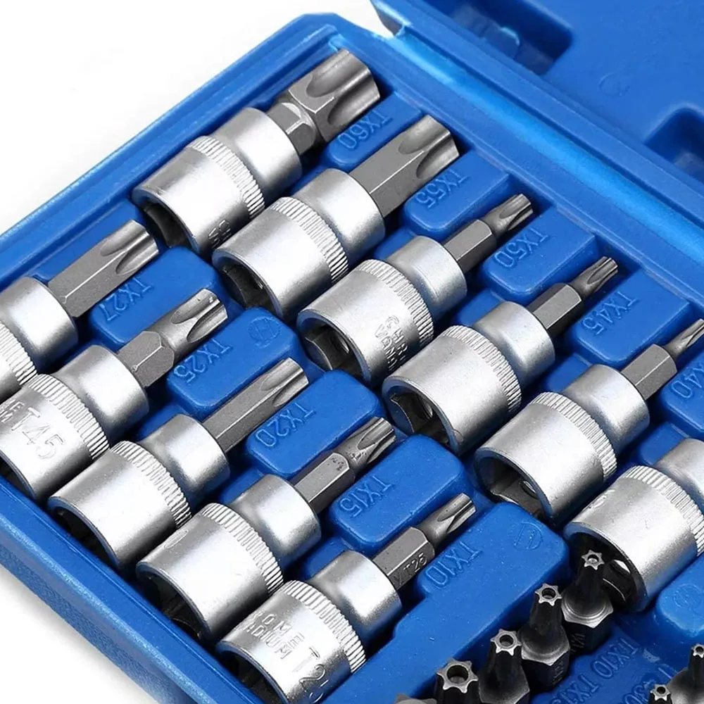 Professional 34pcs Torx Bit Socket & E-Torx Star Socket Set 1/4" 3/8" 1/2" Drive Male Female E-torx Bits Handheld Tool with Case