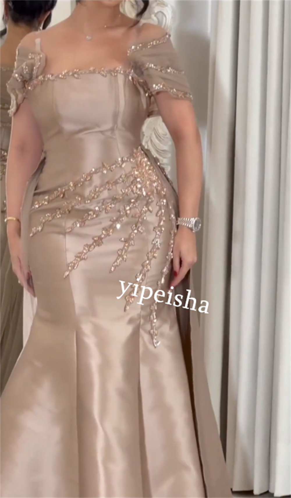 Customized Jiayigong  Satin Sequined Valentine's Day Trumpet Off-the-shoulder Bespoke Occasion Gown Long Dresses Saudi Arabia