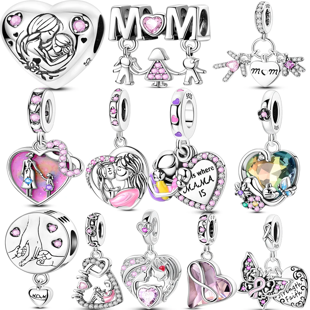 Dia das mães 925 prata amor mãe rosa coração encantos caber pulseira original colar diy grânulo para mulheres jóias fazendo presente