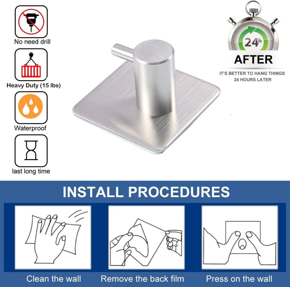 Toallero autoadhesivo con gancho resistente, autoadhesivo de pared de acero inoxidable 304, sin necesidad de perforar, resistente al agua