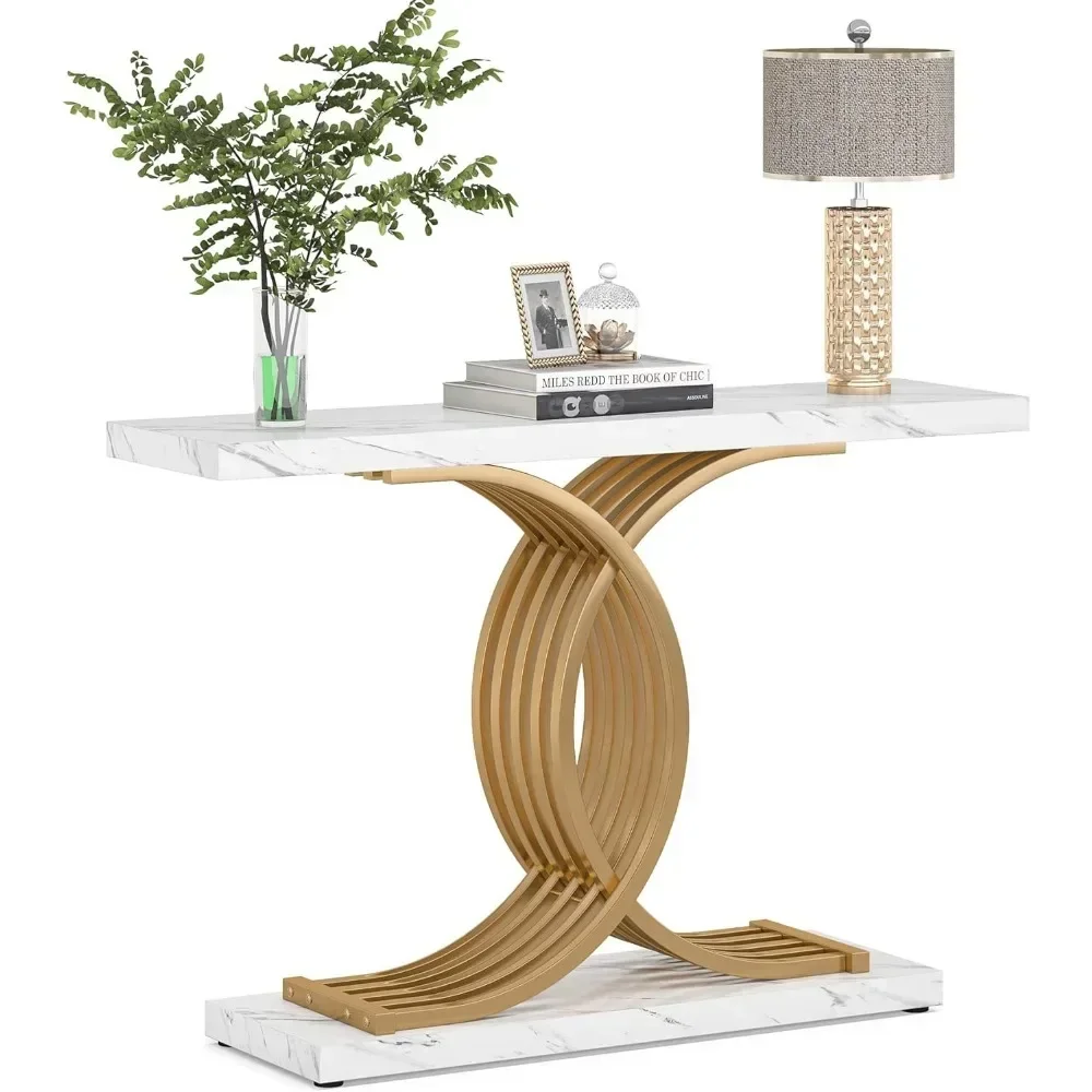 Mesa de entrada dourada, console moderno de 39 polegadas com pernas de metal geométricas, mesa de sofá de madeira estreita de mármore falso, hall de entrada para entrada