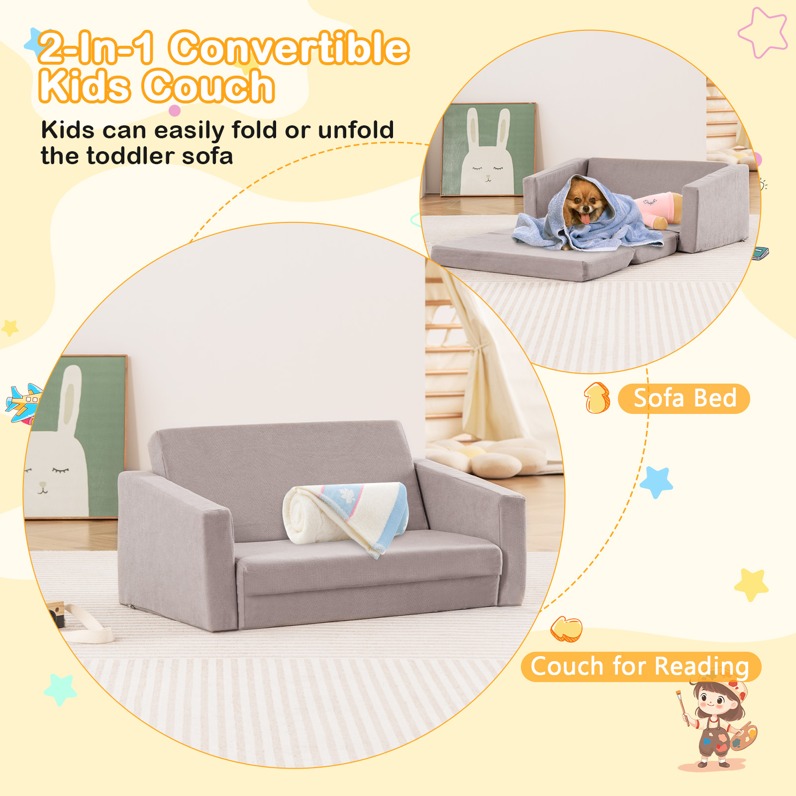 GOFLAME 2-in-1 Toddler Fold out Couch, Convertible Sofa to Lounger with Soft & Machine Washable Sofa Cover
