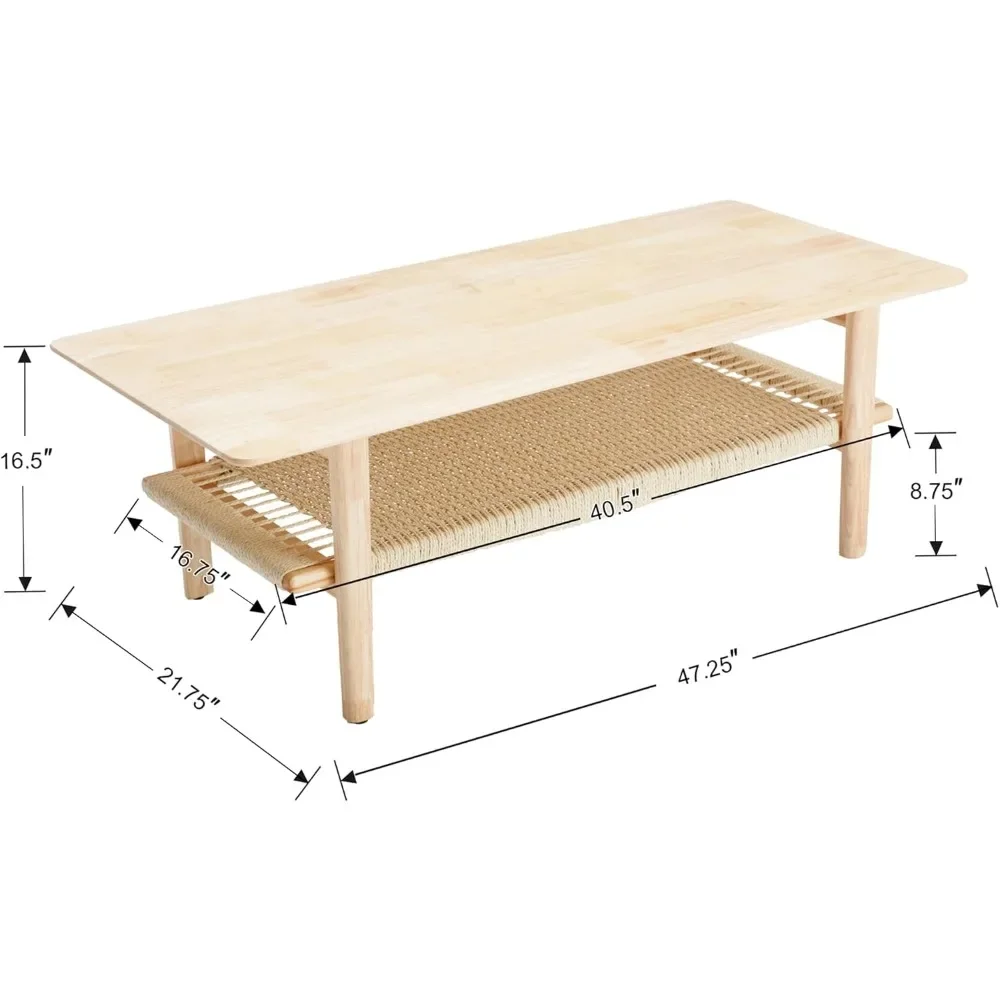 Mesa de centro de fazenda com armazenamento de vime Boho Mid Centry Mesa central moderna com sob prateleira Mesa de sala de estar de madeira