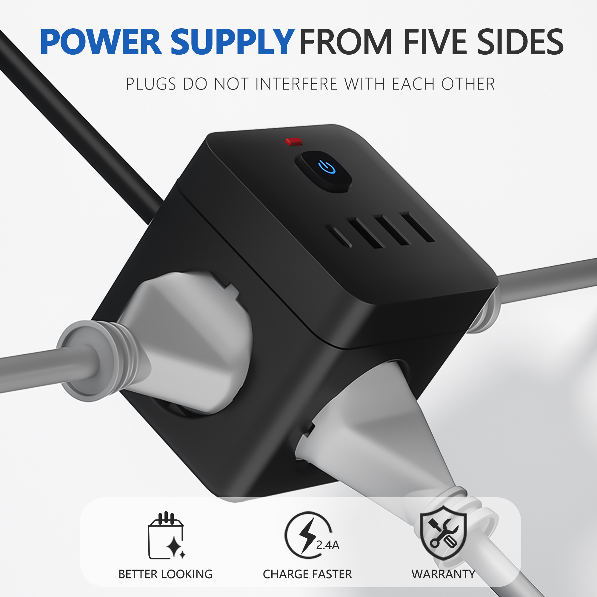 ปลั๊กไฟ EU 7-in-1, ป้องกันไฟกระชากรางปลั๊กไฟ, ปลั๊กไฟ 3 ช่อง 3 ช่อง 3 USB 1 Type-C, สถานีชาร์จเดสก์ท็อปพร้อมการป้องกันการโอเวอร์โหลด