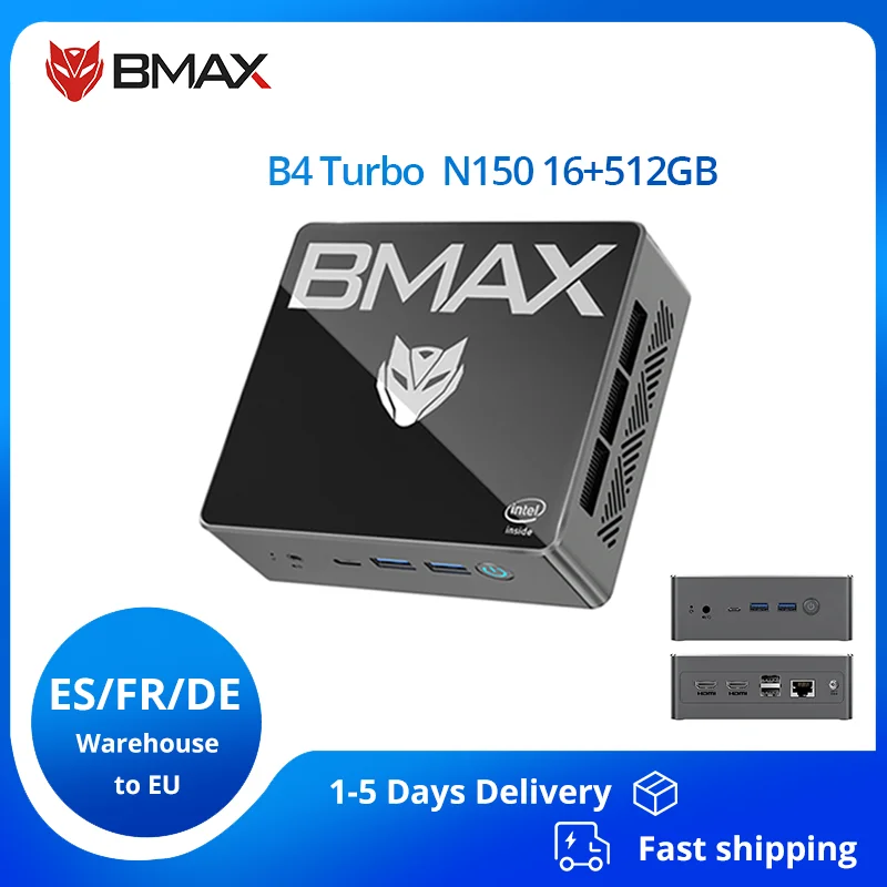 BMAX B4 Turbo Mini PC Windows 11 PC Intel N150 16GB 512GB SSD 2*HDMI 1*Type-C Obsługuje 4K@60Hz Grafika Intel 1000MHz