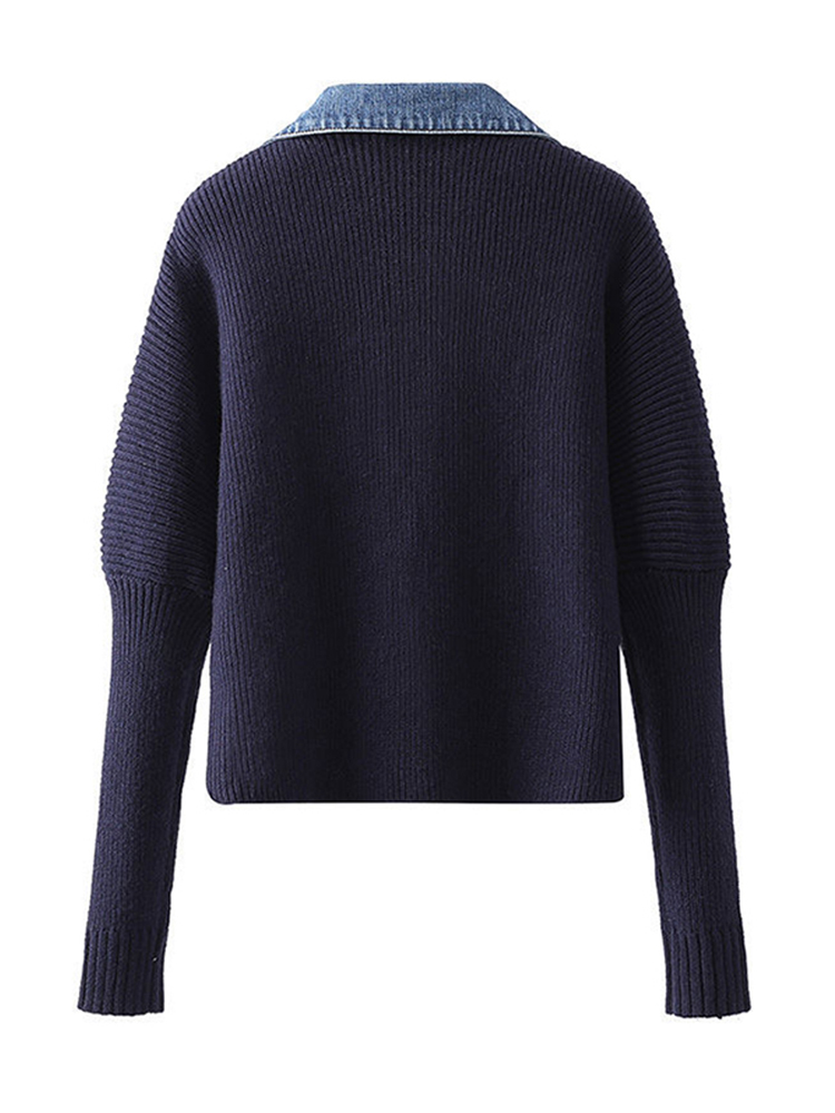 ฤดูใบไม้ร่วงฤดูหนาววินเทจเกาหลีแฟชั่นผู้หญิง DENIM Patchwork เสื้อสเวตเตอร์ถัก Single-breasted เสื้อกันหนาว Lapel เสื้อถัก Chic Aesthetic Stylish