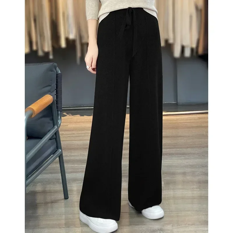 Herbst- und Winter-Damenhose mit hoher Taille, warm, gestrickt, weites Bein, Hose mit geradem Bein, einfarbig, hängend, lockere Hose mit weitem Bein