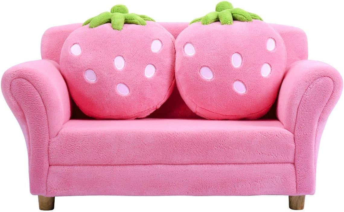 Toddler Couch with Strawberry Pillows, Kids Upholstered Loveseat, Coral Fleece, Wood Frame, Pink