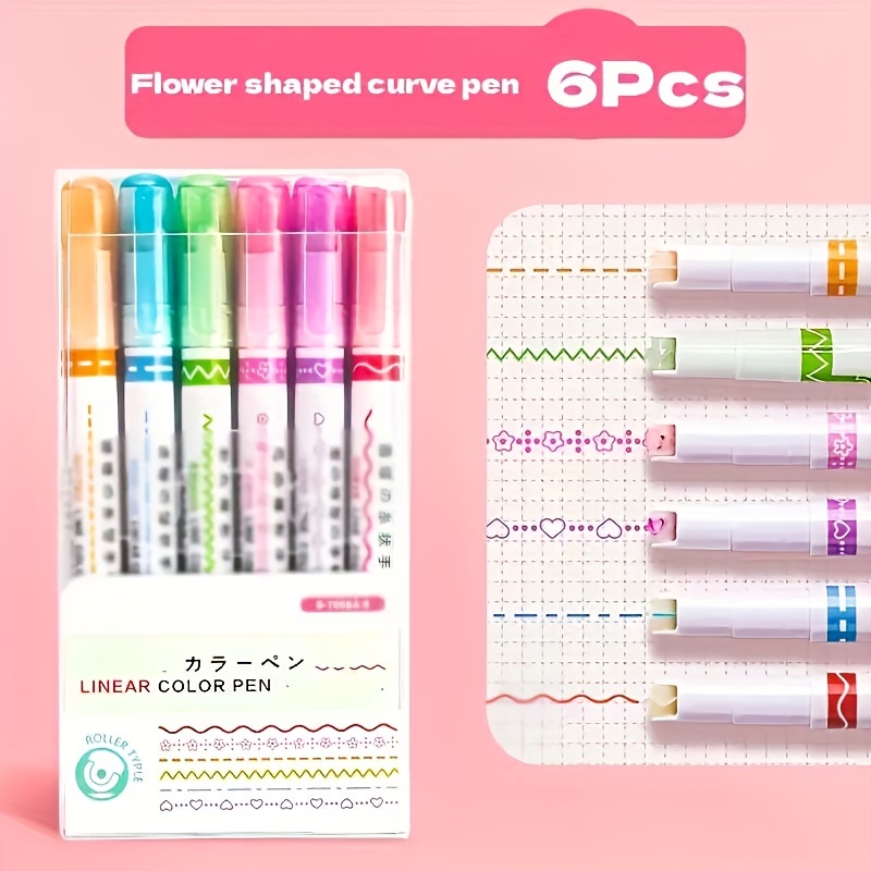 6 ชิ้น/เซ็ตดอกไม้ Line Shape Highlighter ปากกา Roller Tip Curve Liner Marker Kawaii เกาหลีเครื่องเขียนอุปกรณ์สํานักงานโรงเรียนของขวัญ