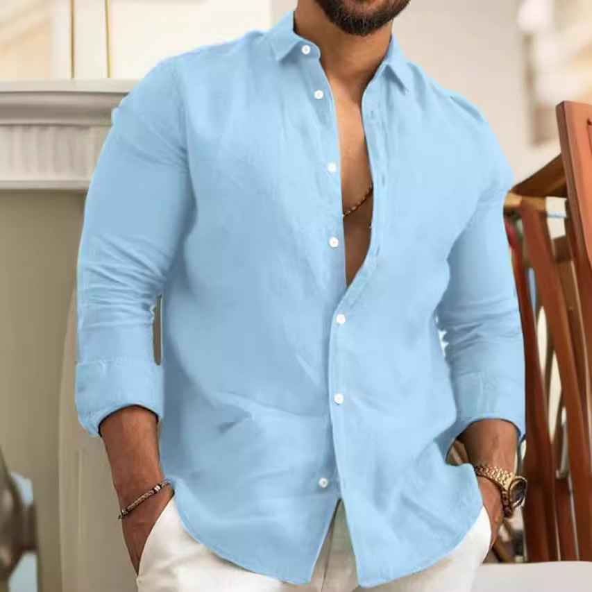 Camisa lisa de lino y algodón de Color liso para hombre, camisas clásicas de manga larga con solapa abotonada, camisetas holgadas a la moda para primavera/verano