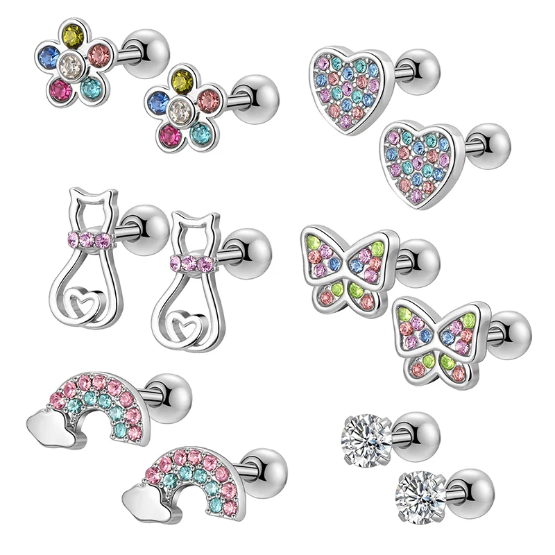 1/6 Paar hypoallergene Ohrstecker mit Schraubverschluss für Damen und Mädchen, 316L-Edelstahl, niedliches CZ-Ohrstecker-Set mit Schraubverschluss, 20 g