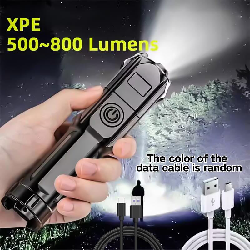 Linterna LED con Zoom telescópico, luz fuerte, carga USB, compacta, portátil, enfocada, de largo alcance, para el hogar