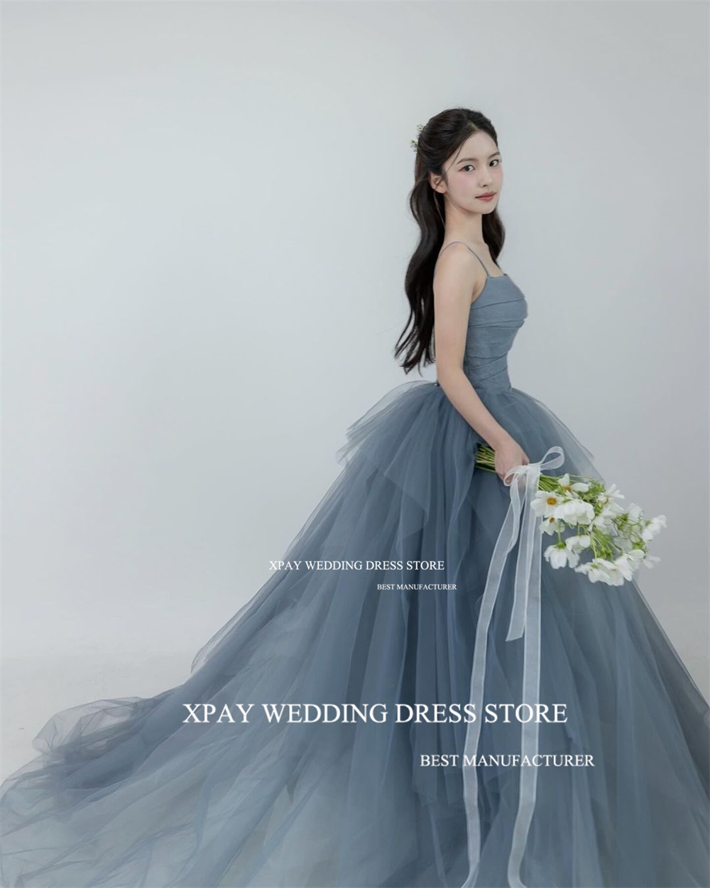 XPAY Dusty Blue Corea Una linea Abiti da sera Servizio fotografico Ruffles A strati Fata Tulle Abito da sera Corsetto personalizzato Abito da ballo