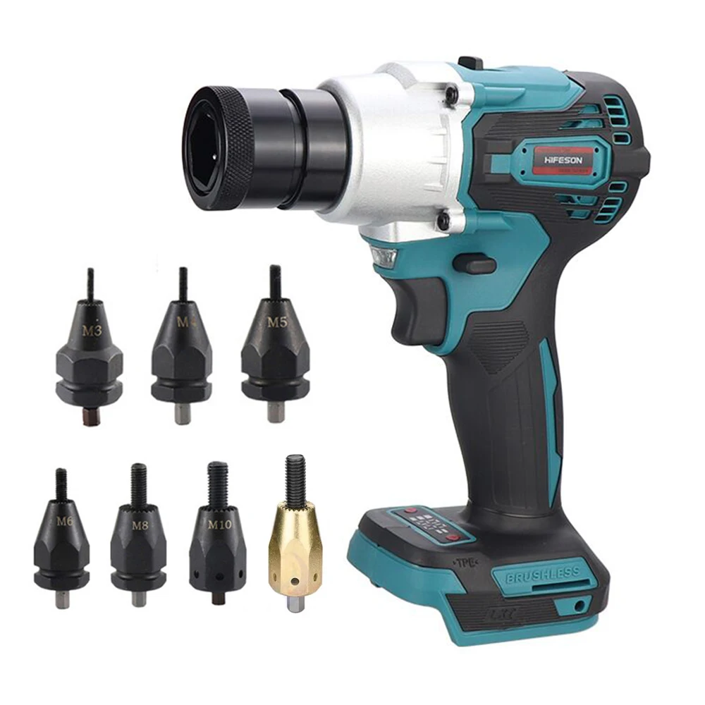 Pistola de rebitagem sem escova, kit poderoso de máquina de porca de rebite elétrica com cabeças de rebitador, conjunto automático de rebitador elétrico, ferramenta de rebitagem