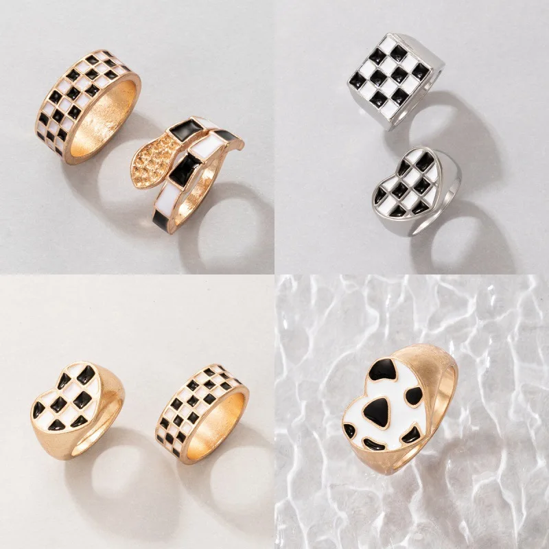 Docona Cincin Pasangan Hati Romantis untuk Wanita Geometri Tidak Beraturan Minyak Tetes Hitam dan Putih Perhiasan Pernikahan Modis Wanita