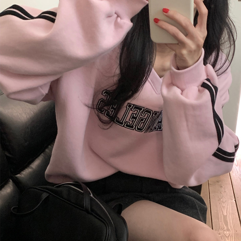 シックな冬甘いユニークな V ネックカラーブロックレタープリントデザインルーズ多用途長袖パーカー韓国スタイル通勤