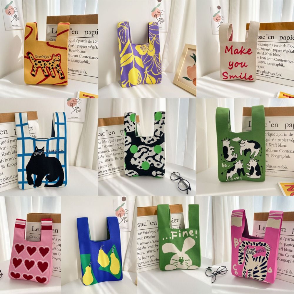 Bolso de mano de punto de gato para niñas, bolsos de compras hechos a mano, bolso de muñeca con nudo de alta capacidad, moda