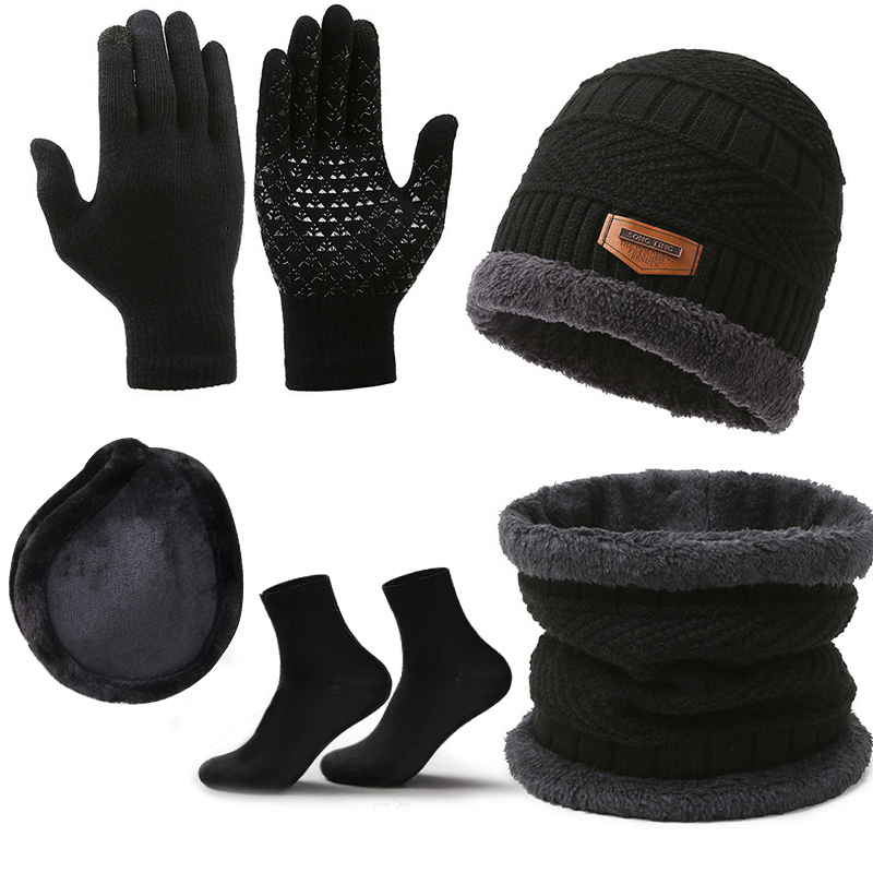 Pakhoed Heren wintersjaal, handschoenen, sokken, vijfdelige sjaal, halssjaal, warme winterhemel gebreide muts