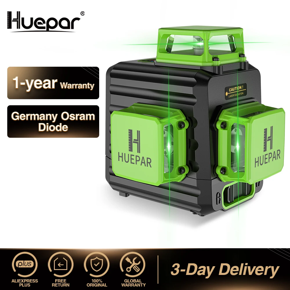 Huepar B03CG 12-lijnen laserniveau 3D zelfnivellerende hoge helderheid groene horizontale en verticale kruislijnlaser met harde koffer