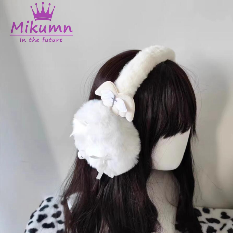 Orejera de felpa esponjosa con lazo de alas de Ángel para mujer, orejeras Kawaii cálidas, protección para las orejas al aire libre, Harajuku Y2k, Invierno