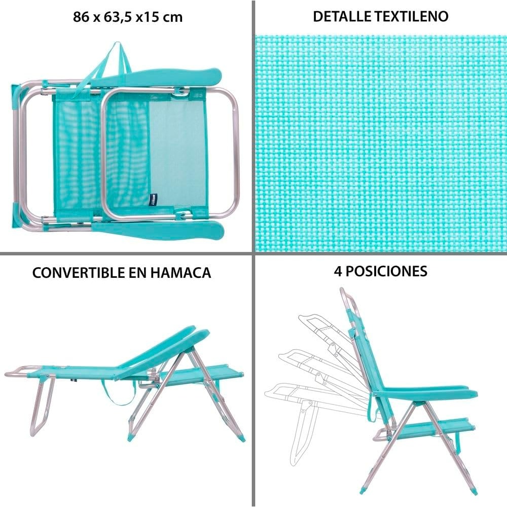 Silla de Playa Alta Plegable y Reclining 4 Posiciones Aluminio y Textileno Aguamarina 62 x 55 x 100 cm