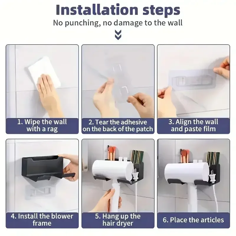 Porta asciugacapelli Porta asciugatrice da parete Supporto per piastra per asciugacapelli Scatola portaoggetti per asciugacapelli Porta asciugacapelli Scaffale Accessori per il bagno
