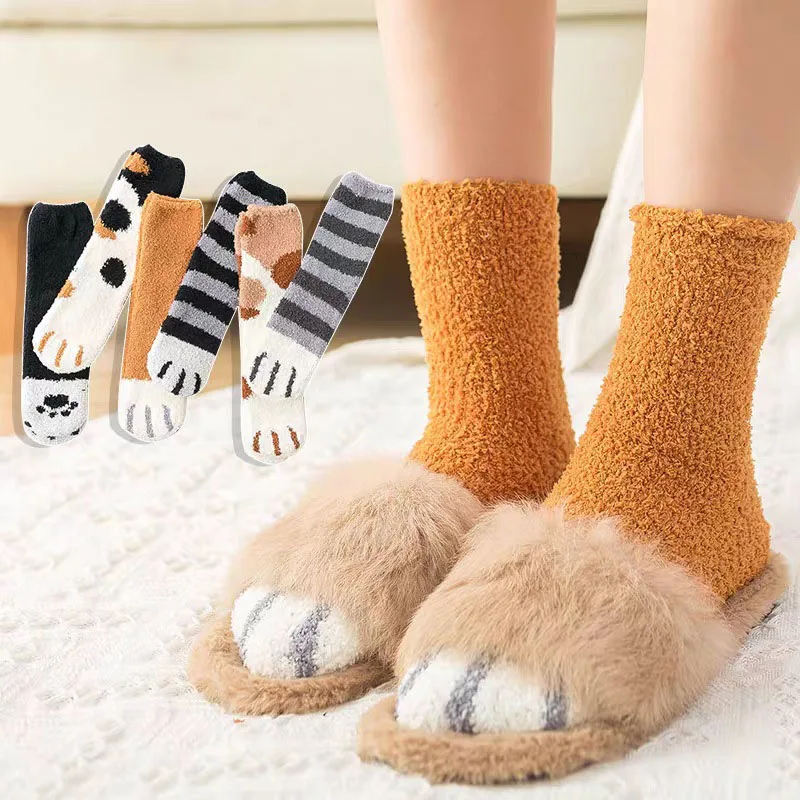 ผู้หญิงฤดูหนาว WARM Fluffy ถุงเท้าสัตว์น่ารัก Claw Cat PAW Footprint Fuzzy ถุงเท้าหญิงหนาขนแกะปะการังชั้น Sleep ถุงเท้า