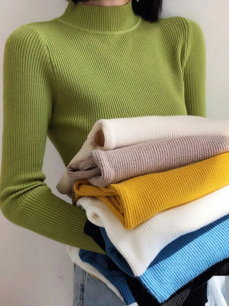 Jesienno-zimowy sweter damski z dekoltem w szpic Vintage Basic Solid Knitted Tops Casual Slim Pullover Korean Swetry Proste Szykowne Swetry