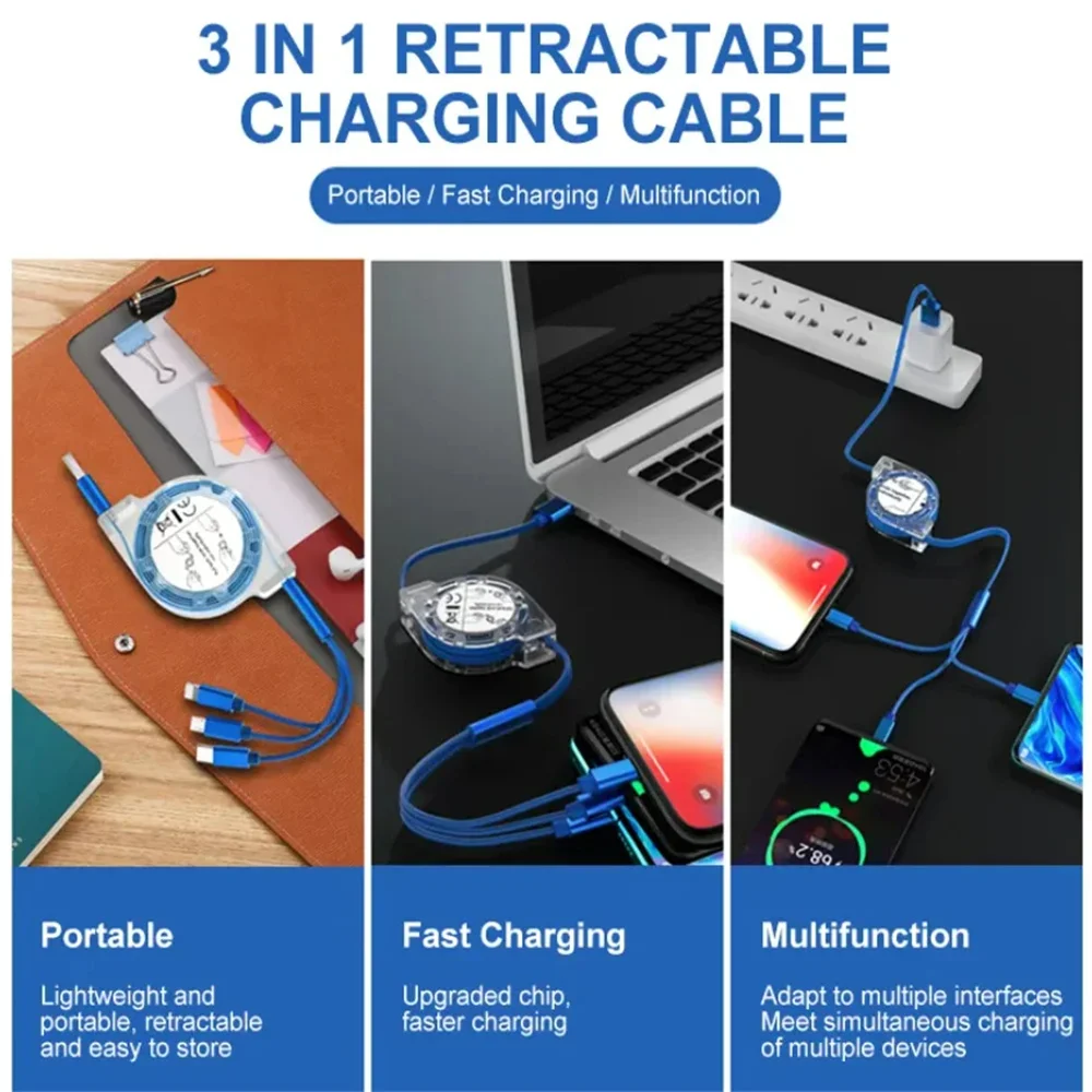 3-in-1 Retractable Data USB Cable Fast Charging For iPhone Type-C Micro USB For Android Xiaomi Huawei Samsung USB Charger Wire