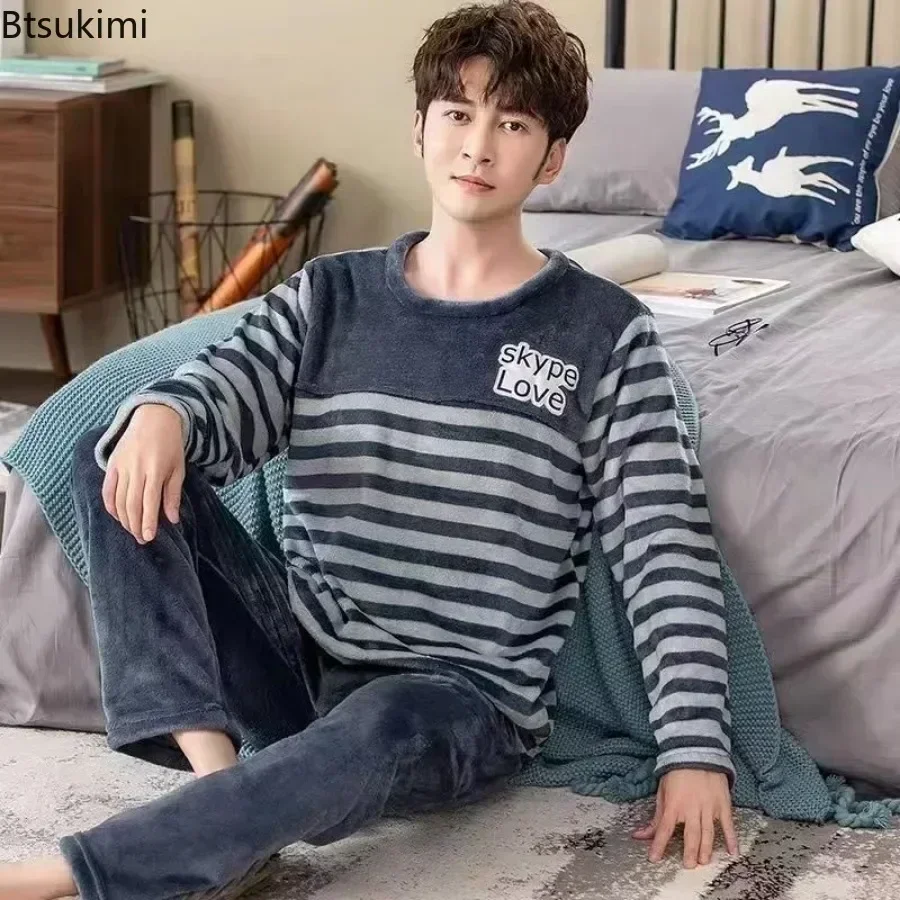2025 conjuntos de pijama de flanela quente grosso masculino outono inverno casual pijamas homewear 2 pçs conjuntos masculino coral veludo macio lounge conjuntos