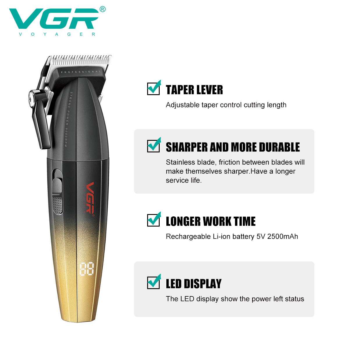 VGR profissional recarregável cabelo Clipper, Metal Trimmer dos homens, barbeiro sem fio corte do cabelo, aparador elétrico Salon, 9000RPM, original