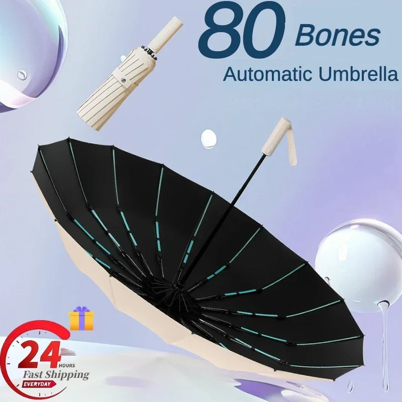 Windproof Automatic Umbrella 80 Reinforced Fiberglass Ribs, Stormproof UV 50+  for Men Women, Compact Folding Sun Rain Umbrellas