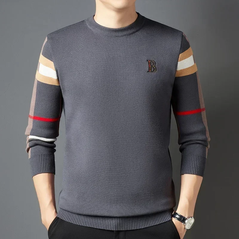 เสื้อกันหนาวผู้ชายถักPullover 2024 ฤดูใบไม้ร่วง/ฤดูหนาวใหม่นุ่มลายCheckerรอบคอเสื้อกันหนาวสบายๆแฟช...