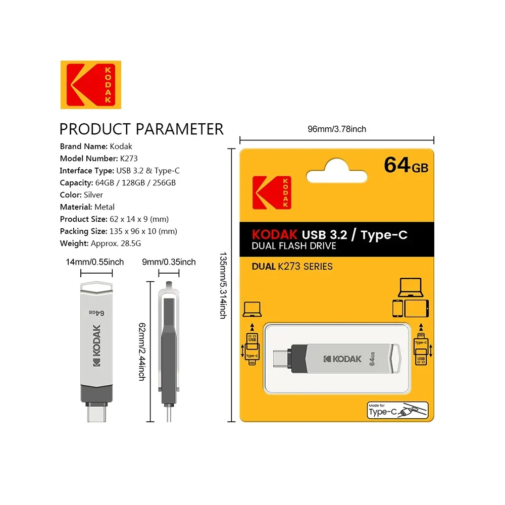 KODAK-USB Type C Flash Drive, Pendrive de alta velocidade, Memory Stick duplo para Smartphone, Laptop, 256GB, 128GB, 32GB