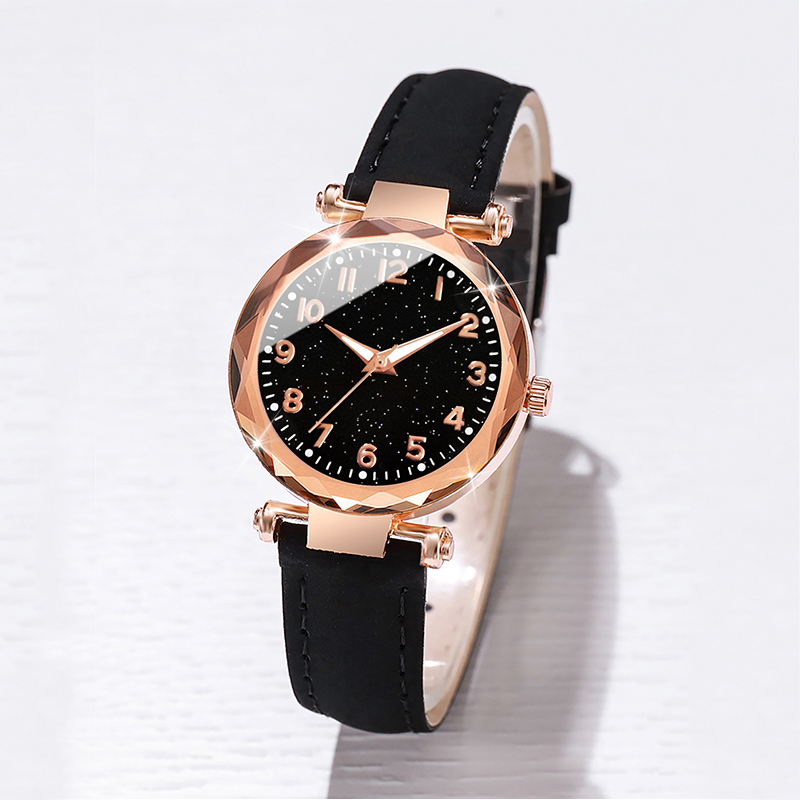 5 unids/set de relojes para mujer, conjunto de pulseras, reloj de cuarzo con banda de cuero y esfera de cielo estrellado a la moda