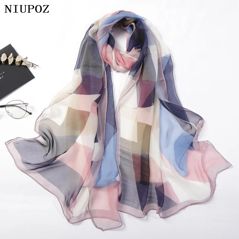 Foulard de mujer colorido geométrico elegante gasa Georgette Bandana bufanda verano playa sensación de seda viaje protección solar delgada