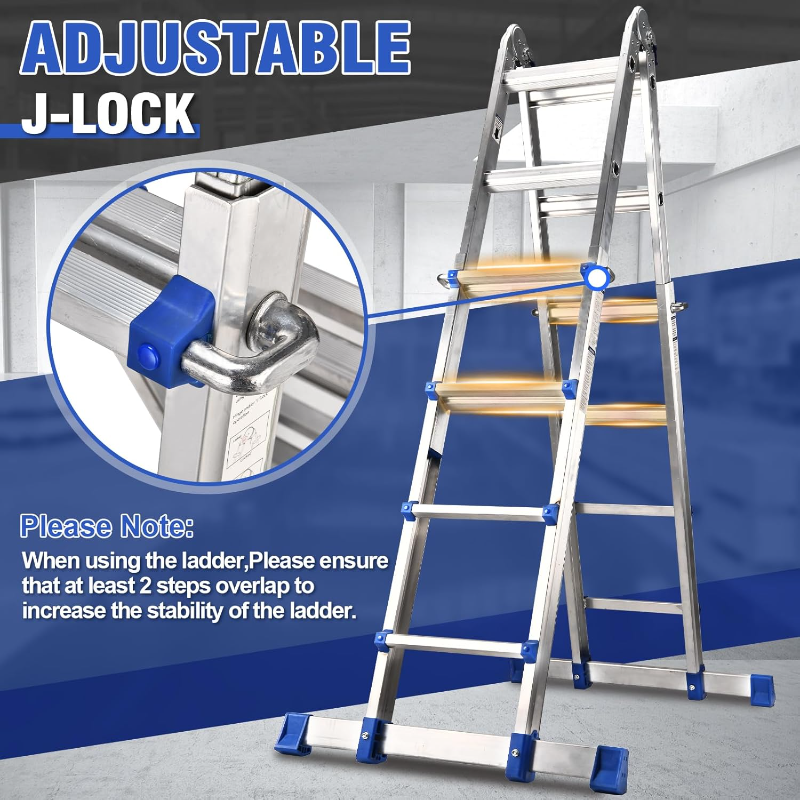 HBTower A Frame 4 Step Extension Ladder, 14 Ft Multi Position Ladder with Removable Tool Tray and Stabilizer Bar, 330 lbs
