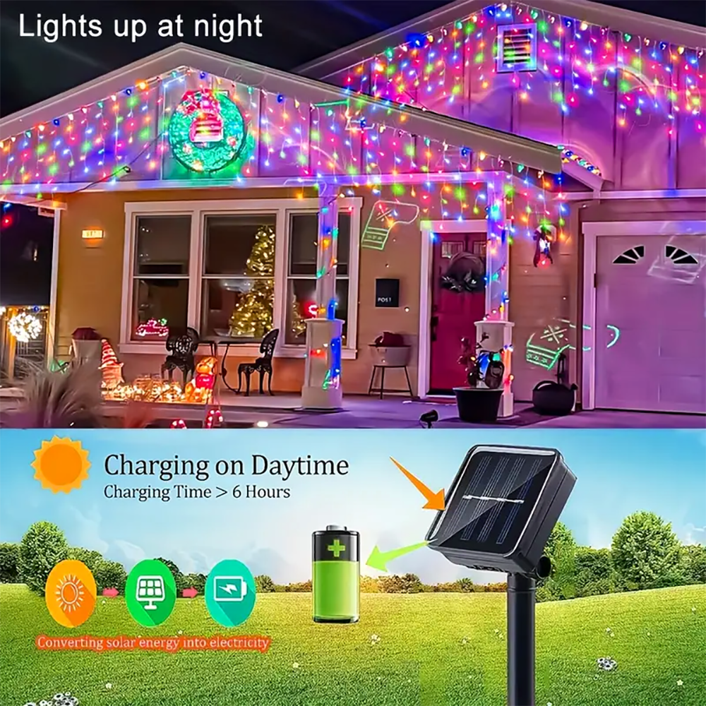 Solar Outdoor Icicle Lights 96/162 Leds Christmas Decorative String Lights 8 Lighting Modes Flashing Fairy Holiday String Lights