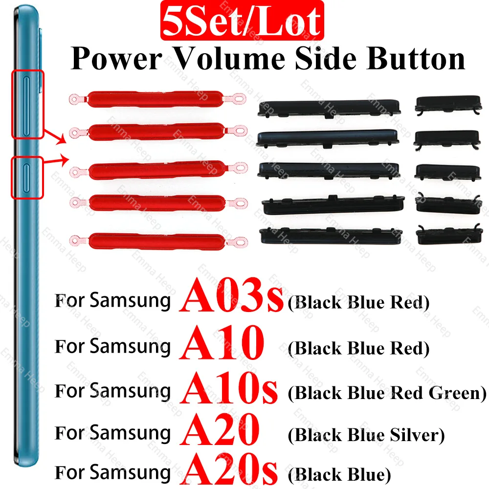 Juego de 5 piezas para Samsung A03S A10 A10S A20 A20S volumen de energía botón lateral carcasa de teléfono encendido apagado arriba abajo reemplazar piezas de reparación