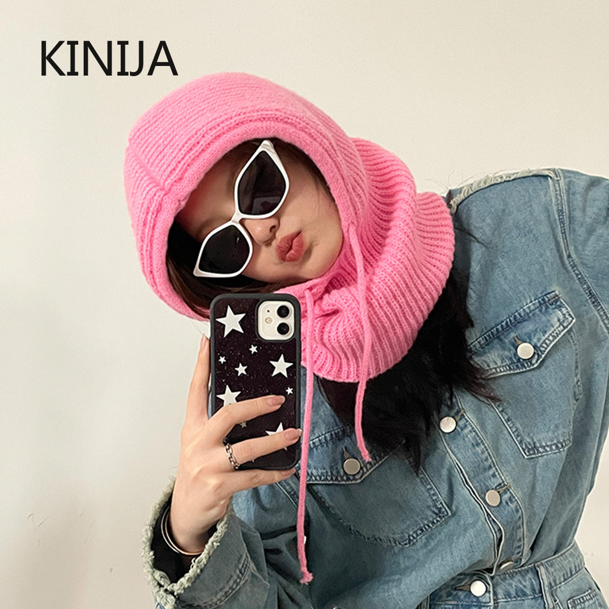 Balaclava de malha feminina moda gola falsa xale chapéu com capuz grosso quente beanines chapéu de inverno ferramenta de site oficial undefin