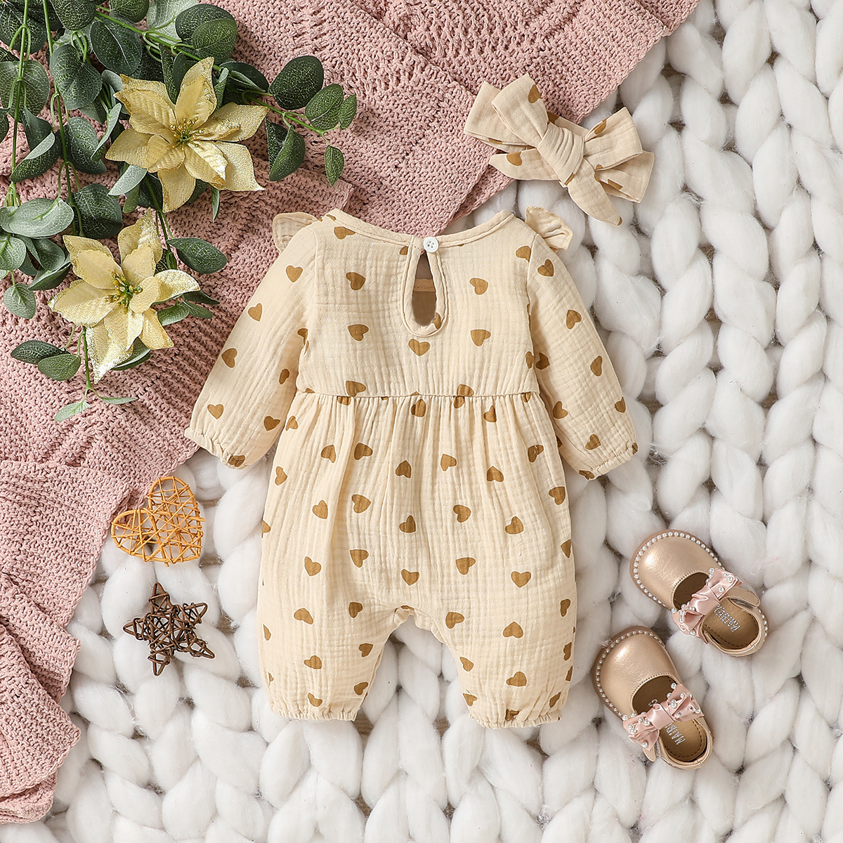 Baby Meisjes Zomer Lange Mouw Print Liefde Met Strik Voor Casual Dagelijkse Katoenen Jumpsuit