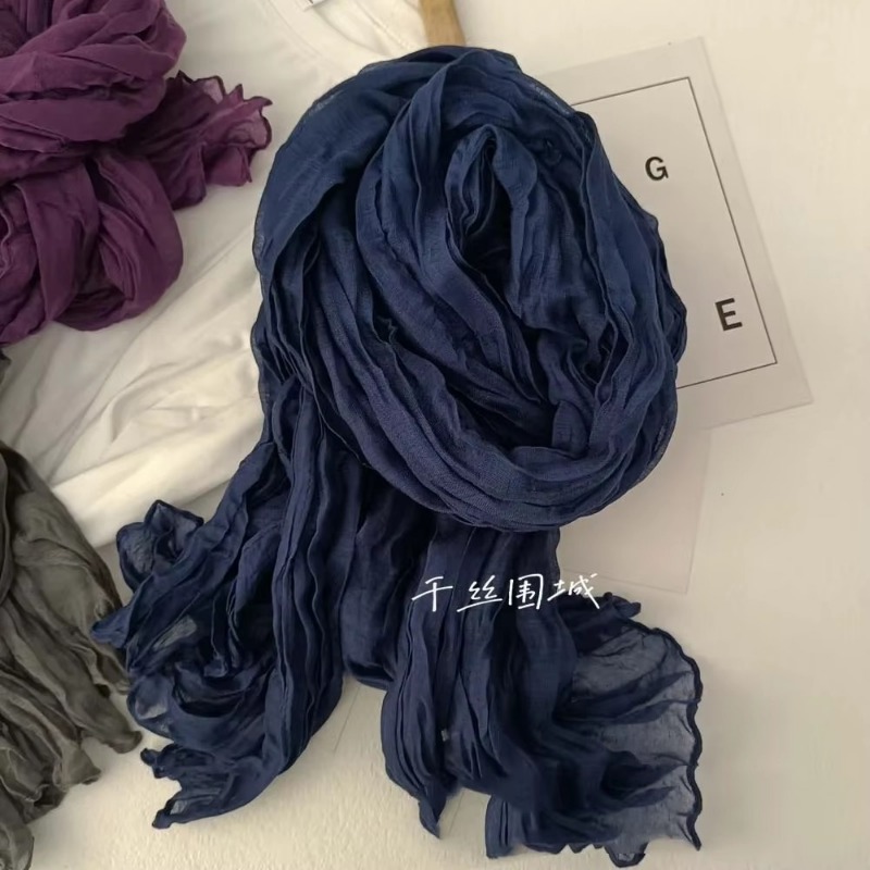 Bufanda de lino y algodón de Color liso Retro Otoño Invierno nuevo chal de tira fina verde plisado seda térmica para hombres y mujeres