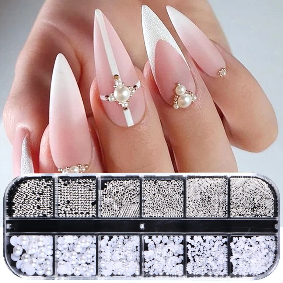 12 グリッドホワイトパールネイルチャームキャビアビーズ装飾ハーフパールネイルジュエリーパーツ DIY 装飾品マニキュアアクセサリー