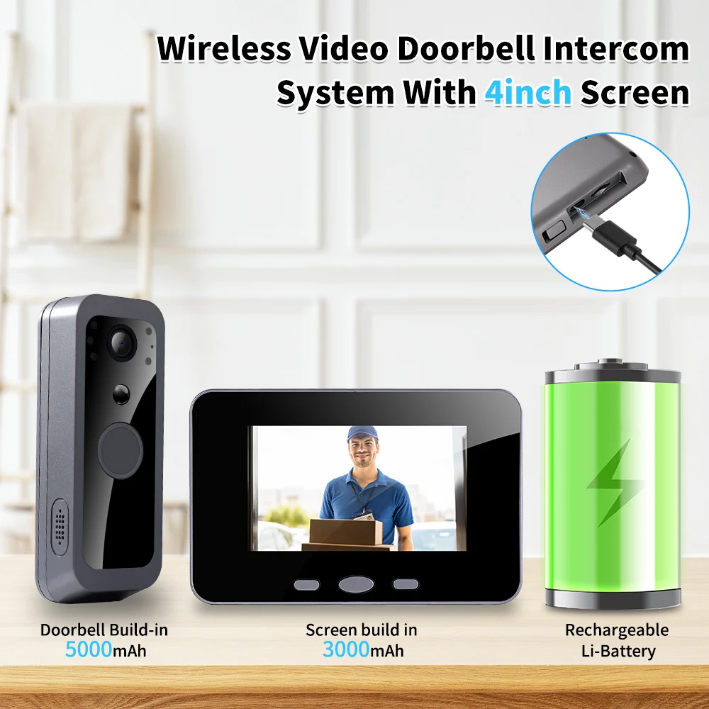 Sin aplicación, sin WiFi, sin red, sin suscripción Pantalla IPS de 4,3 pulgadas Audio inalámbrico 2,4G Vídeo Timbre para exteriores Cámara PIR Detección de movimiento
