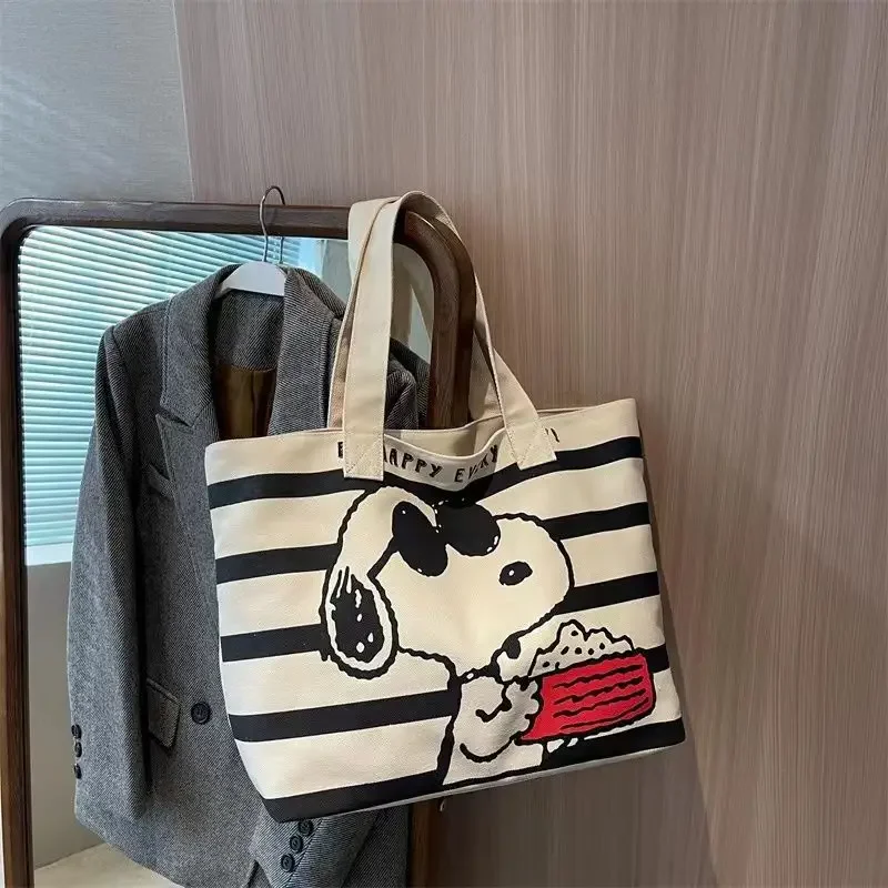 Disney Snoopy น่ารักการ์ตูนผ้าใบความจุขนาดใหญ่กระเป๋าสําหรับนักเรียนหญิงถือหนังสือ Tote กระเป๋าแม่