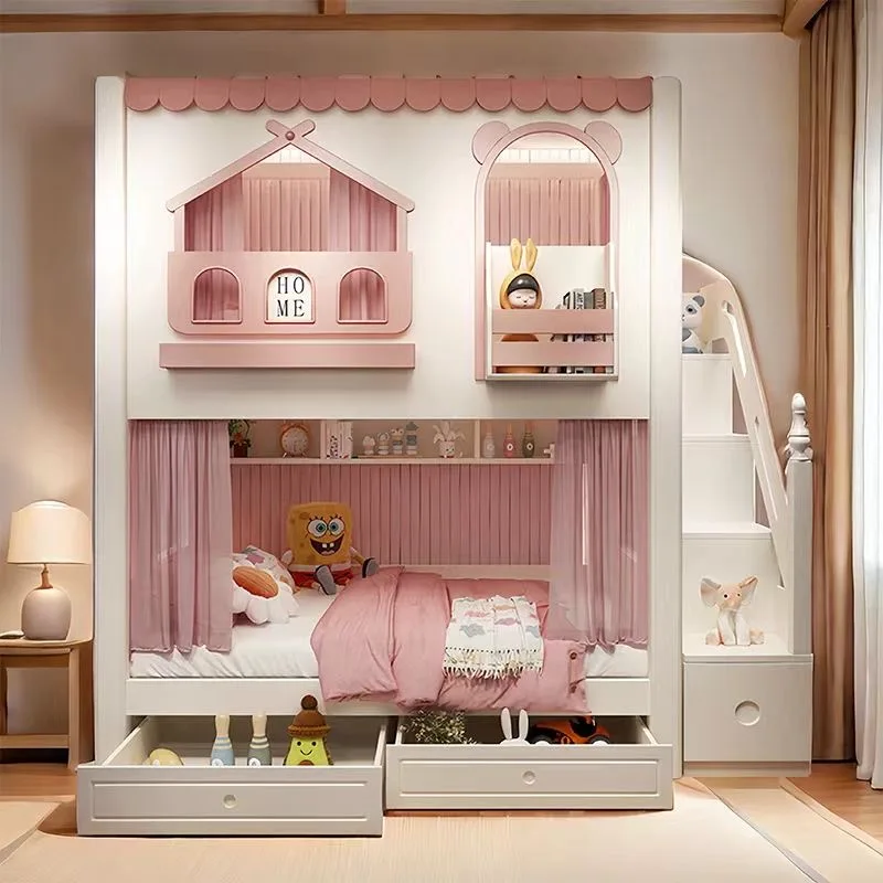 Letto a castello per bambini dal design unico, letto multifunzionale in legno di gomma castello con scivolo, armadietto con scaletta, guardrail alto